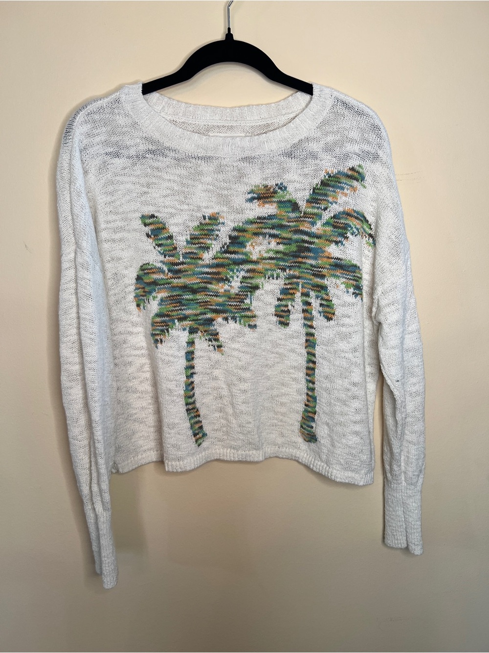 Lou & Grey White Knit Sweater with Multicolor Palm Trees